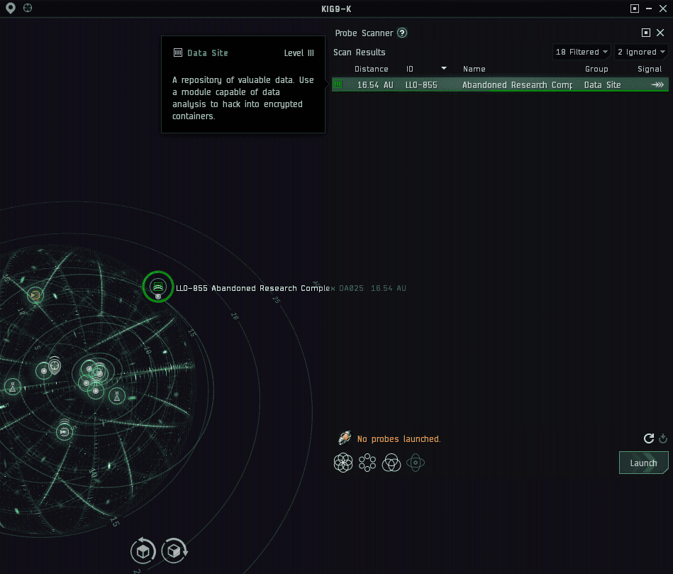 A level 3 Amarr drone data site in the probe scanner.